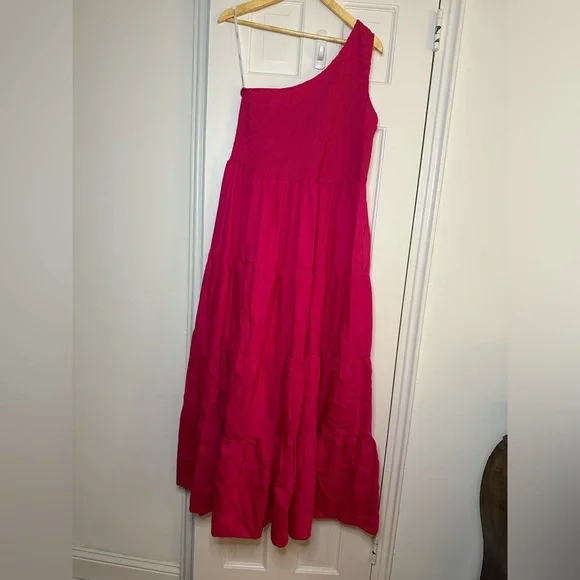 ELOQUII Smocked Bodice One Shoulder Tiered Midi Dress Hot Pink Plus Size 16 - Picture 1 of 5